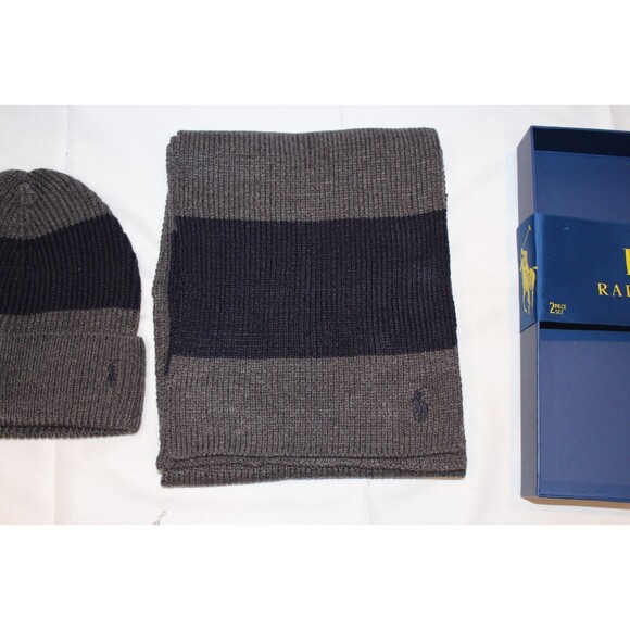Polo Ralph Lauren Mens Hat Scarf 2 Piece Box Set One Size Gray with Navy Stripe - Picture 3 of 6